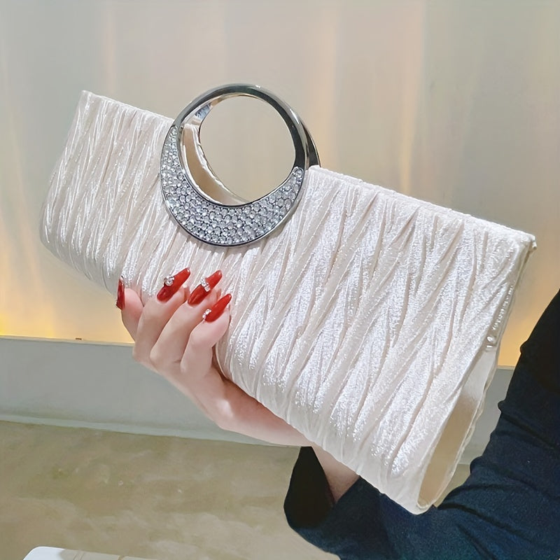 Ruched Satin Evening Bag, Elegant Clutch Purse For Women, Rhinestone Decor Handbags For Party Wedding Prom