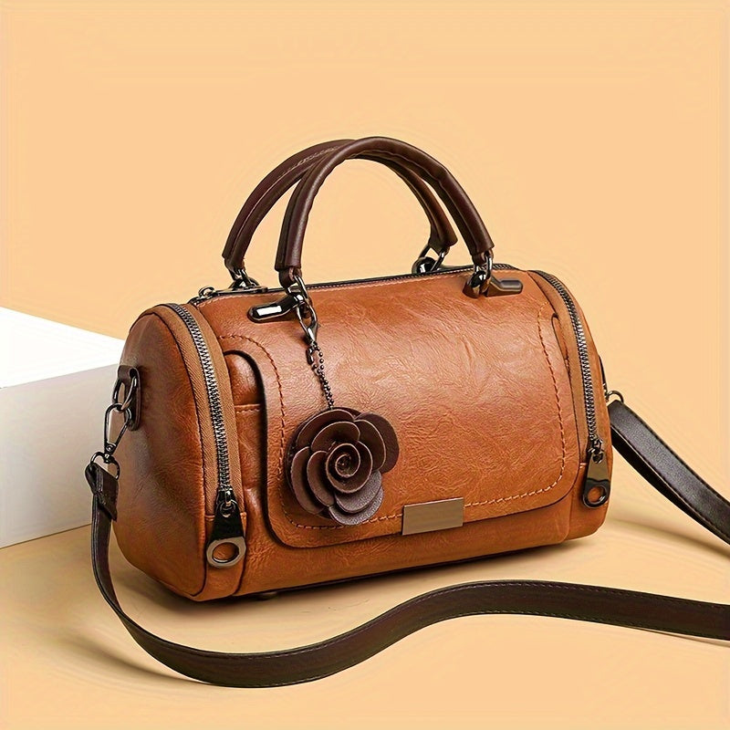 [Flower Boston Handbag] Flower Pendant Boston Handbag | Women's Solid Color Zippered Satchel, Polyester Lined, Painted Edges, Messenger Bag for Occasions