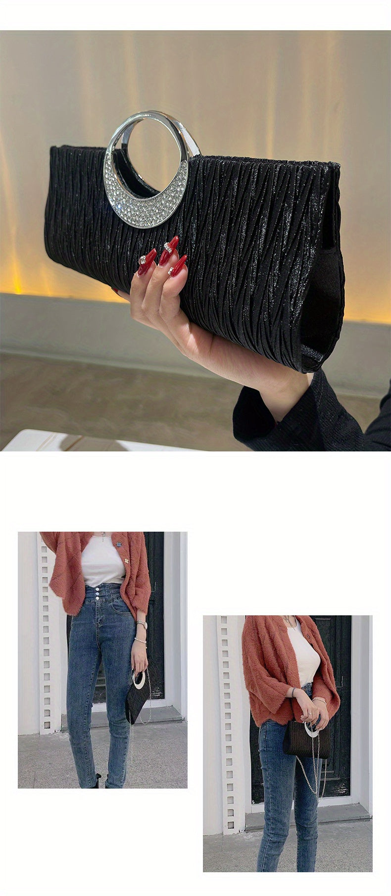 Ruched Satin Evening Bag, Elegant Clutch Purse For Women, Rhinestone Decor Handbags For Party Wedding Prom