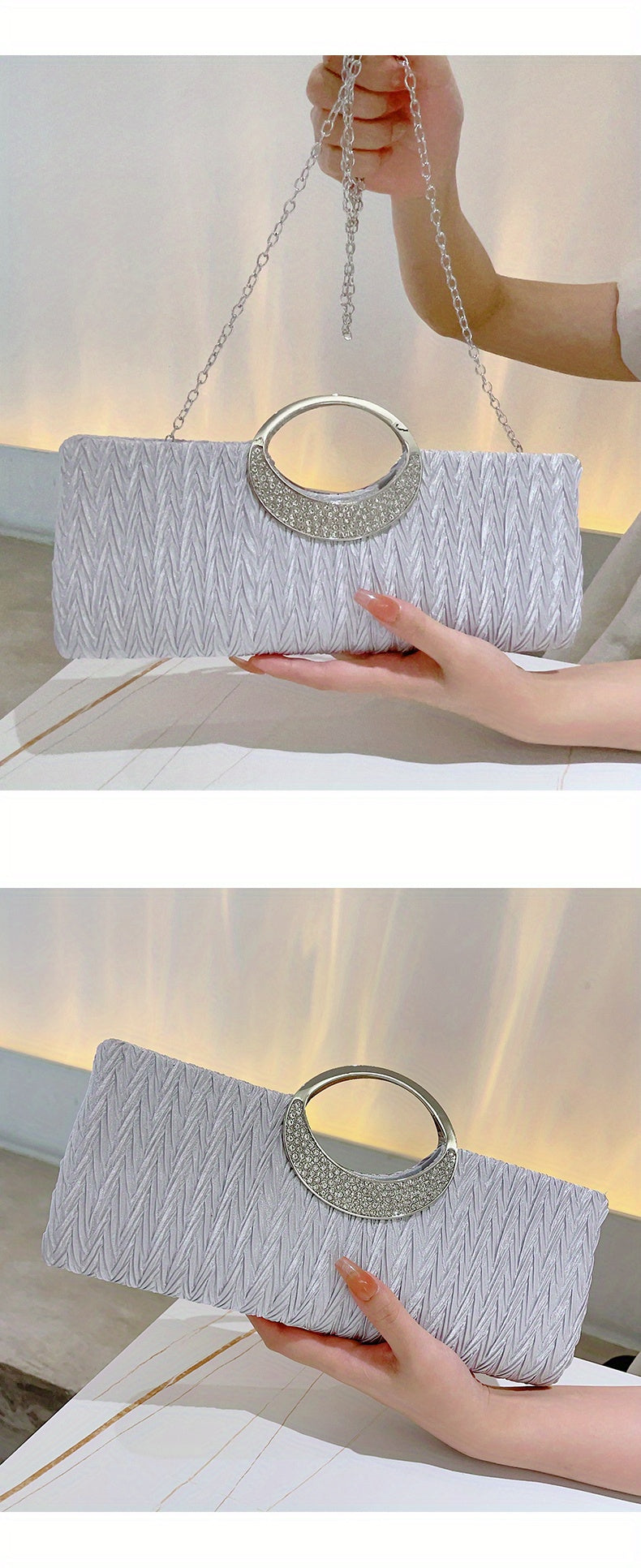 Ruched Satin Evening Bag, Elegant Clutch Purse For Women, Rhinestone Decor Handbags For Party Wedding Prom