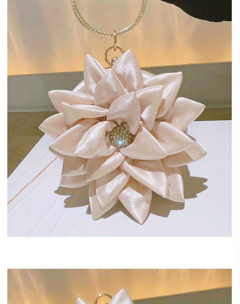 3D Flower Round Evening Bag, Satin Clutch Wedding Purse, Glitter Top Ring Handbag For Party Banquet for Carnaval Music Festival