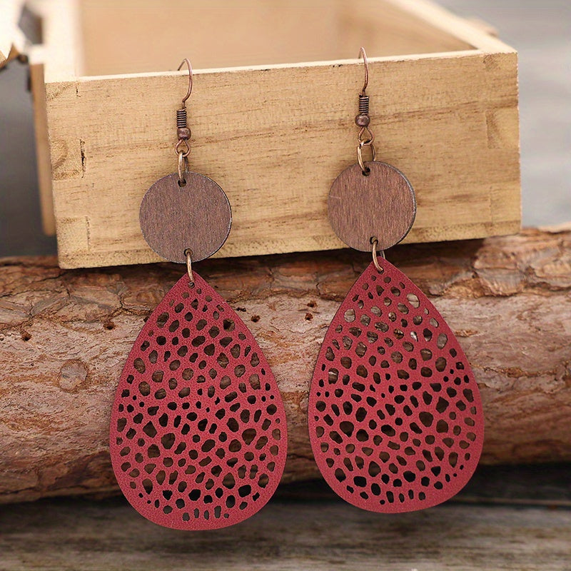 Vintage Hollow Leaf Shape PU Leather Earrings Jewelry Gift For Party Vacation Decor Accessories Fall Winter Ear Ornaments