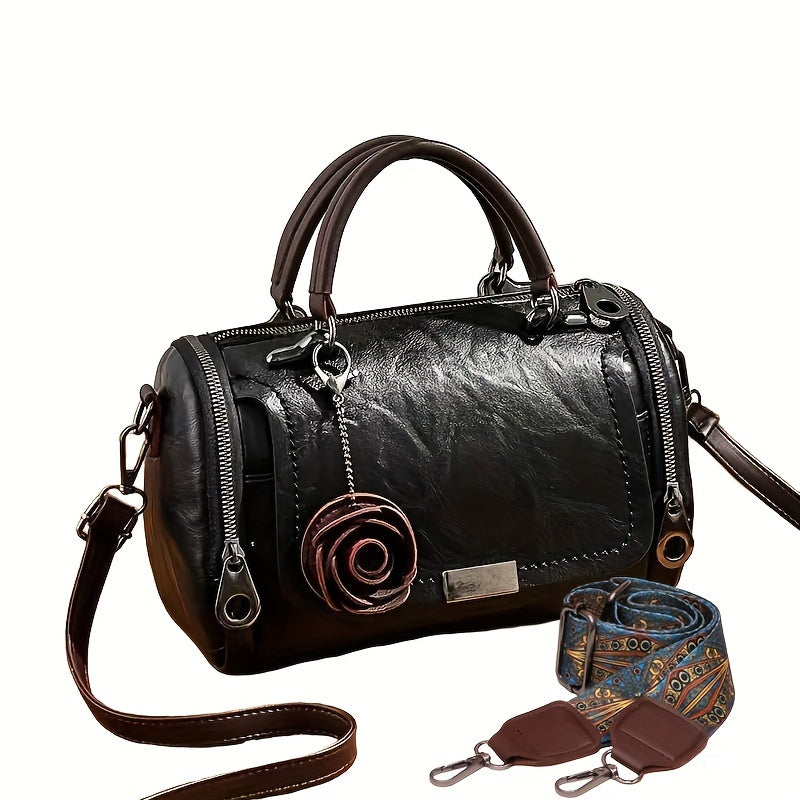 [Flower Boston Handbag] Flower Pendant Boston Handbag | Women's Solid Color Zippered Satchel, Polyester Lined, Painted Edges, Messenger Bag for Occasions