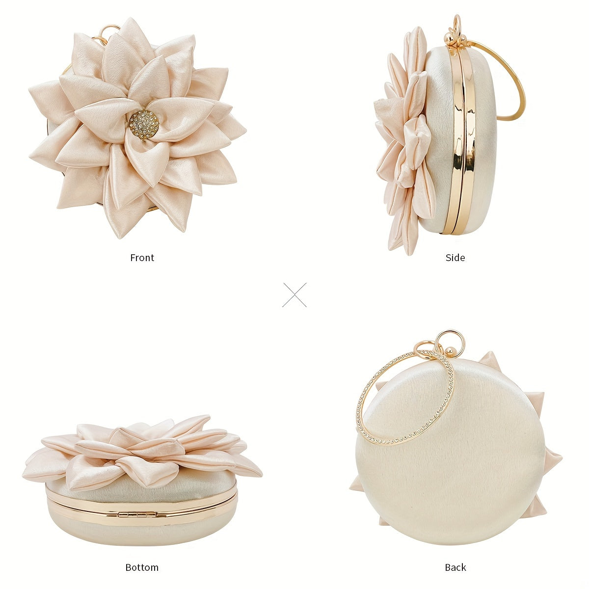 3D Flower Round Evening Bag, Satin Clutch Wedding Purse, Glitter Top Ring Handbag For Party Banquet for Carnaval Music Festival
