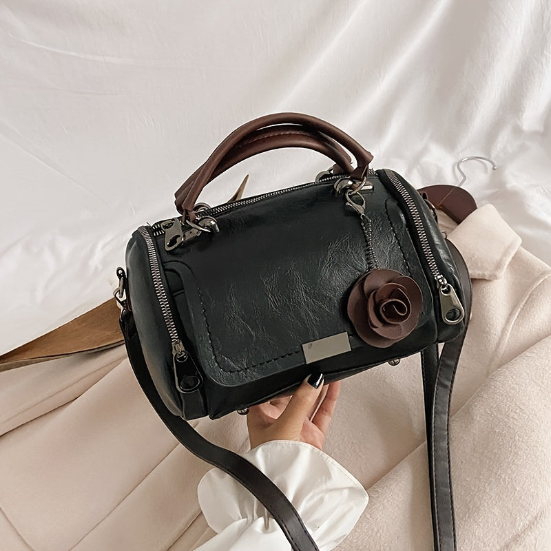 [Flower Boston Handbag] Flower Pendant Boston Handbag | Women's Solid Color Zippered Satchel, Polyester Lined, Painted Edges, Messenger Bag for Occasions