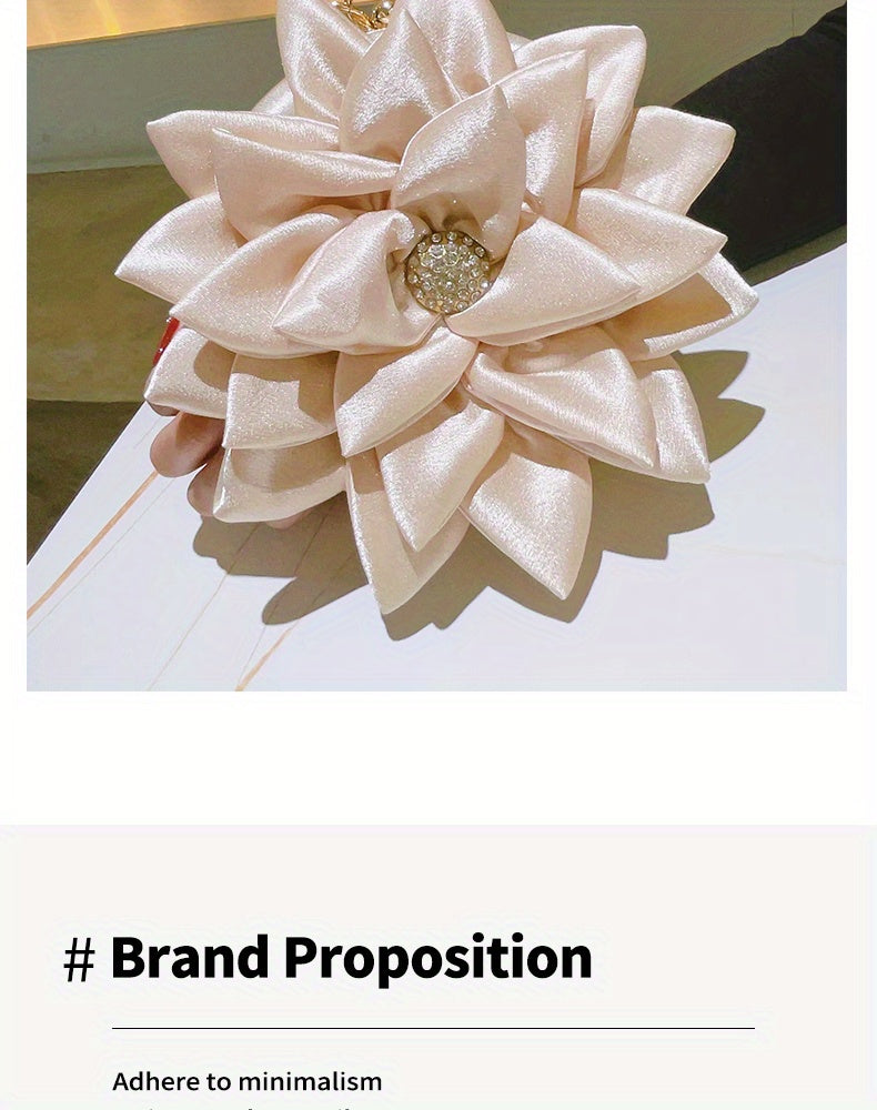 3D Flower Round Evening Bag, Satin Clutch Wedding Purse, Glitter Top Ring Handbag For Party Banquet for Carnaval Music Festival