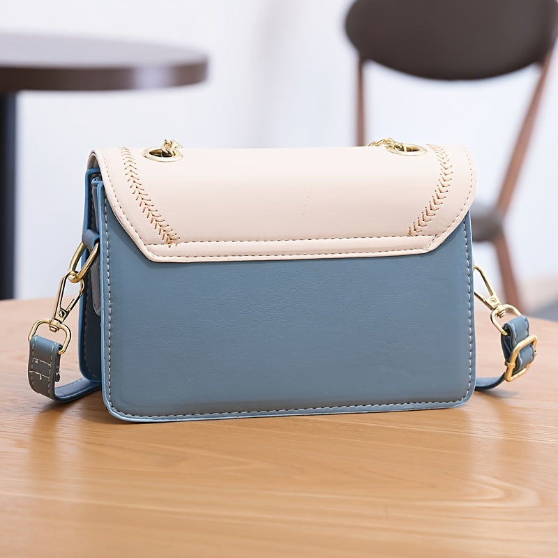 Geometric Embroidered Flap Square Bag - Chic Crossbody with Stylish Chain, Magnet Closure, and Bag Charm