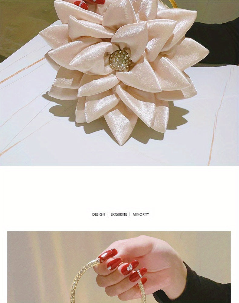 3D Flower Round Evening Bag, Satin Clutch Wedding Purse, Glitter Top Ring Handbag For Party Banquet for Carnaval Music Festival