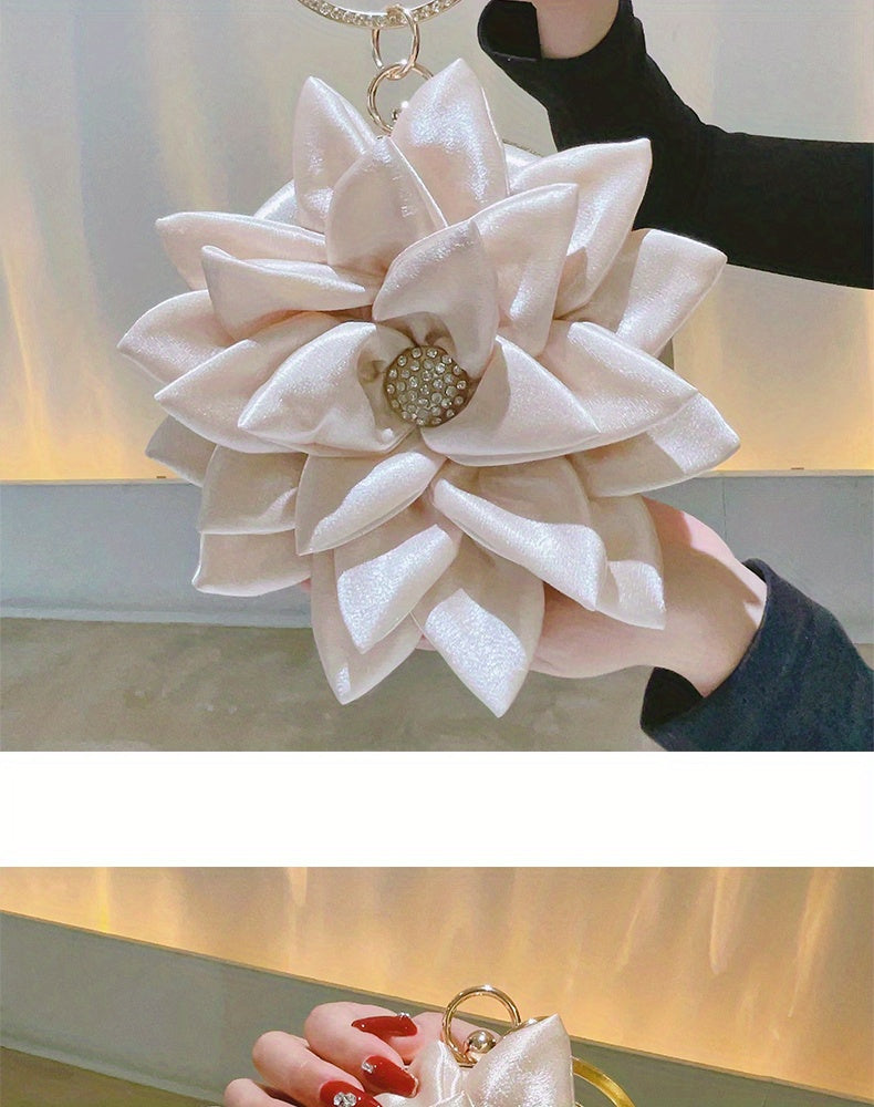 3D Flower Round Evening Bag, Satin Clutch Wedding Purse, Glitter Top Ring Handbag For Party Banquet for Carnaval Music Festival